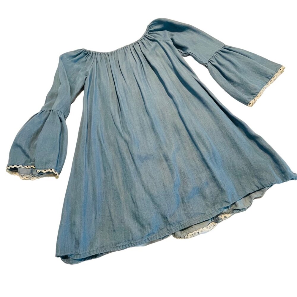 Hint Of Mint Women's Blue Boho Dress Small Lace Over Thin Blue Denim - Picture 3 of 8